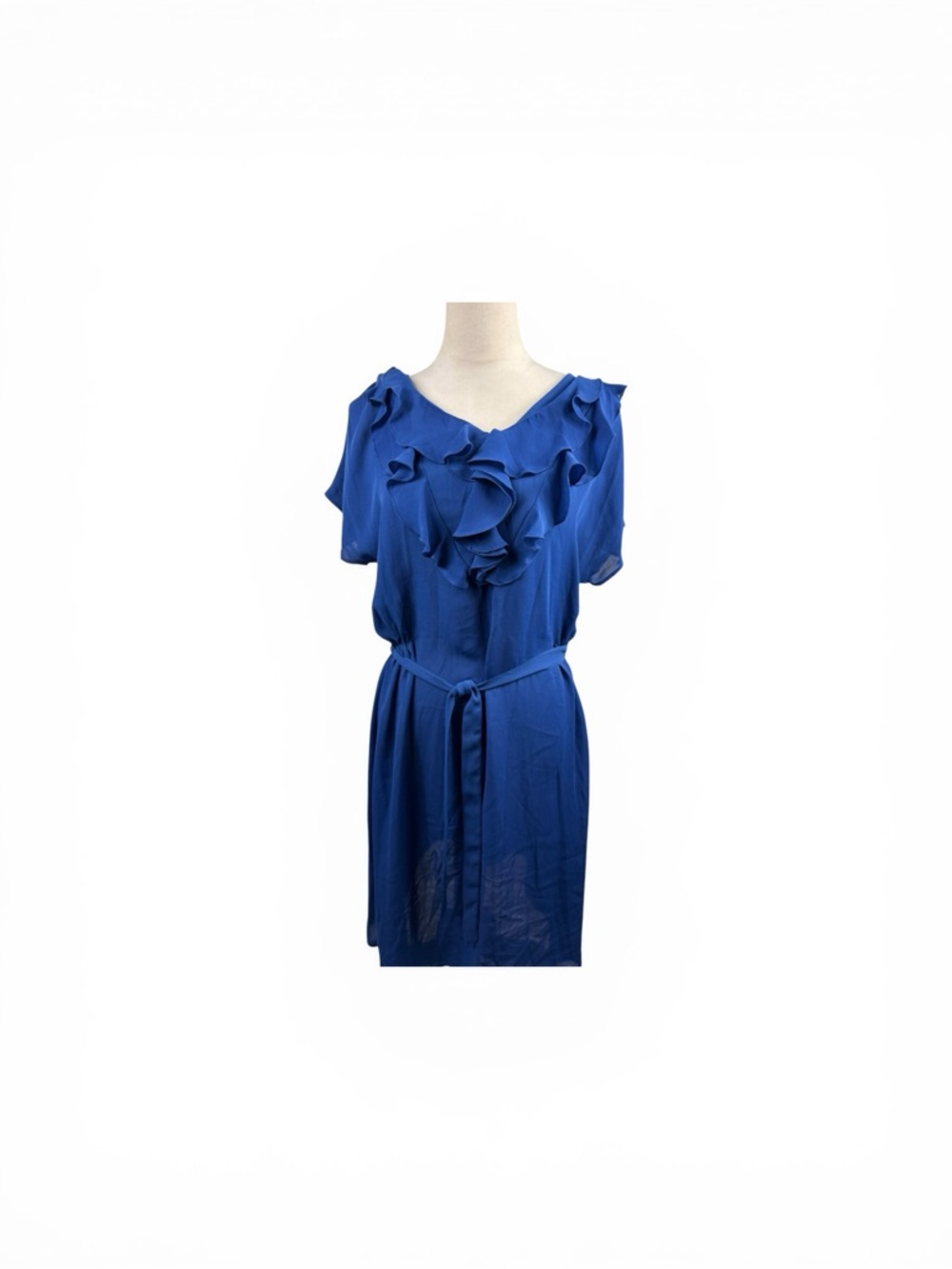 Lands' End Royal Blue Ruffled V-Neck Midi Dress with Tie Belt size 10